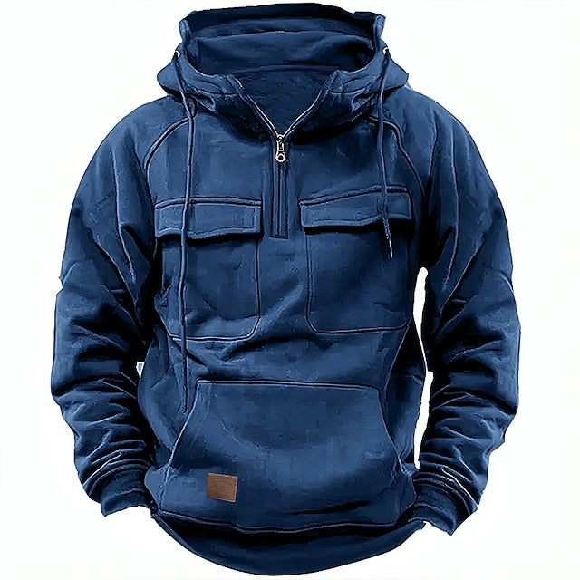 Felpa con cappuccio blu scuro, tasche frontali, cerniera corta, design casual, ideale per moda uomo, abbigliamento autunnale e invernale.