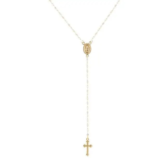 Collana rosario in oro con croce pendente e medaglia miracolosa. Gioiello religioso elegante, ideale per regali spirituali e cerimonie sacre.