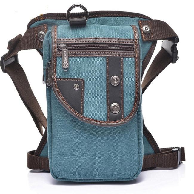 Borsa a tracolla in tela blu con cerniera e bottoni, design vintage, ideale per uomo e donna, perfetta per viaggi e uso quotidiano.