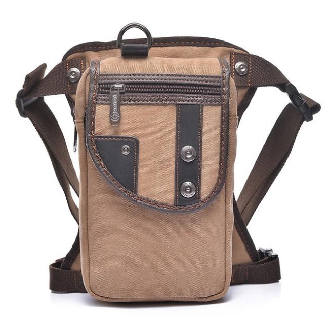 Borsa a tracolla in tela marrone con cerniere e bottoni metallici, design vintage, ideale per uomo, moda casual, accessorio pratico e resistente.
