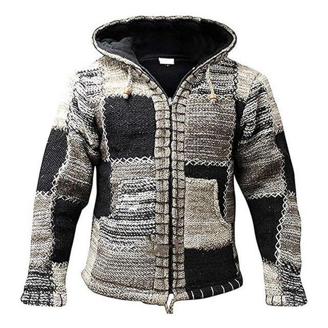 Giacca patchwork invernale con cappuccio, design geometrico in bianco e nero, chiusura a zip, tessuto caldo e morbido, moda uomo casual.