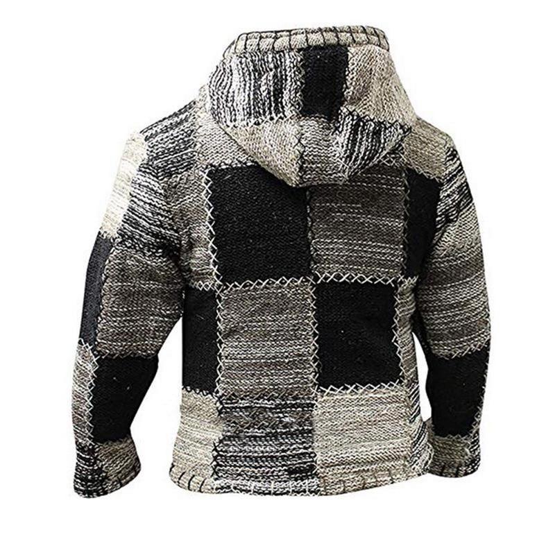 Giacca patchwork invernale da uomo con cappuccio, colori nero e grigio, stile casual, tessuto lavorato a maglia, ideale per moda autunnale e invernale.