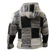 Giacca patchwork invernale da uomo con cappuccio, colori nero e grigio, stile casual, tessuto lavorato a maglia, ideale per moda autunnale e invernale.
