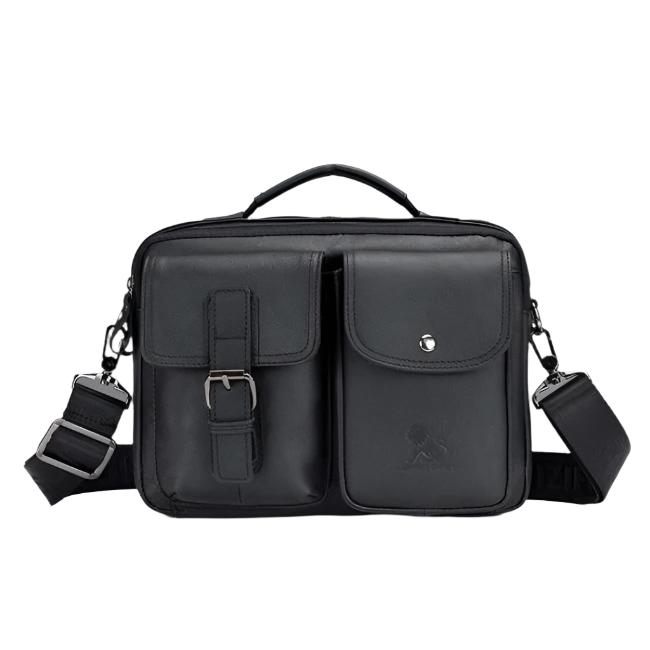 Borsa a tracolla in pelle nera con tasche frontali, manico superiore e tracolla regolabile. Elegante e funzionale per uomo e donna.