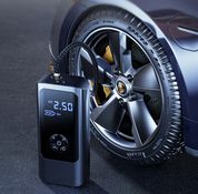 Compressore portatile per auto, display digitale, gonfiaggio pneumatici, pressione 2.5 Bar, design compatto, ideale per emergenze stradali.