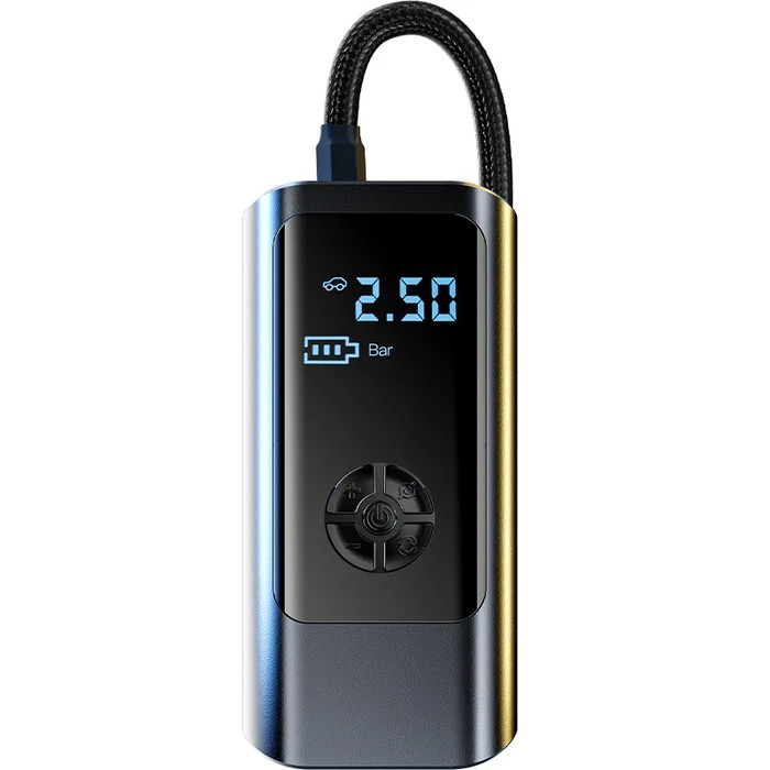 Compressore d'aria portatile digitale, display LED, pressione 2.50 bar, ricaricabile, ideale per auto, bici, moto. Accessorio gonfiaggio pneumatici.