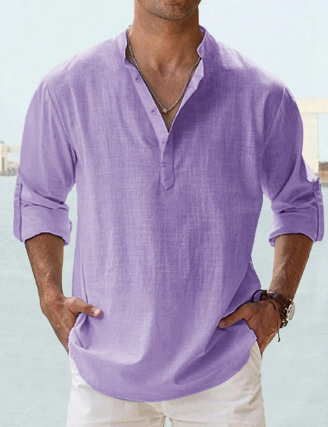 Camicia uomo lino viola, maniche lunghe, colletto alla coreana, abbigliamento estivo casual, moda maschile elegante, stile rilassato.