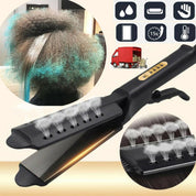 Piastra per capelli a vapore, nera, con display LED e funzione di riscaldamento rapido. Ideale per lisciare capelli ricci e crespi.