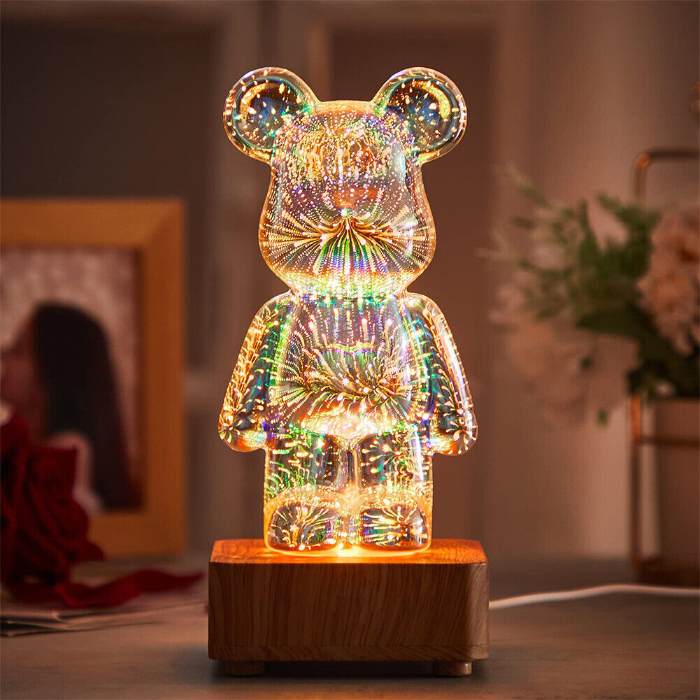 Lampada LED a forma di orso su base in legno, effetto 3D multicolore. Decorazione moderna per interni, ideale per soggiorno o camera da letto.