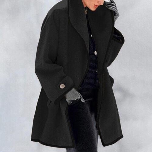 Cappotto nero elegante da donna, invernale, con bottoni, stile oversize, tessuto caldo, ideale per moda autunnale e invernale.