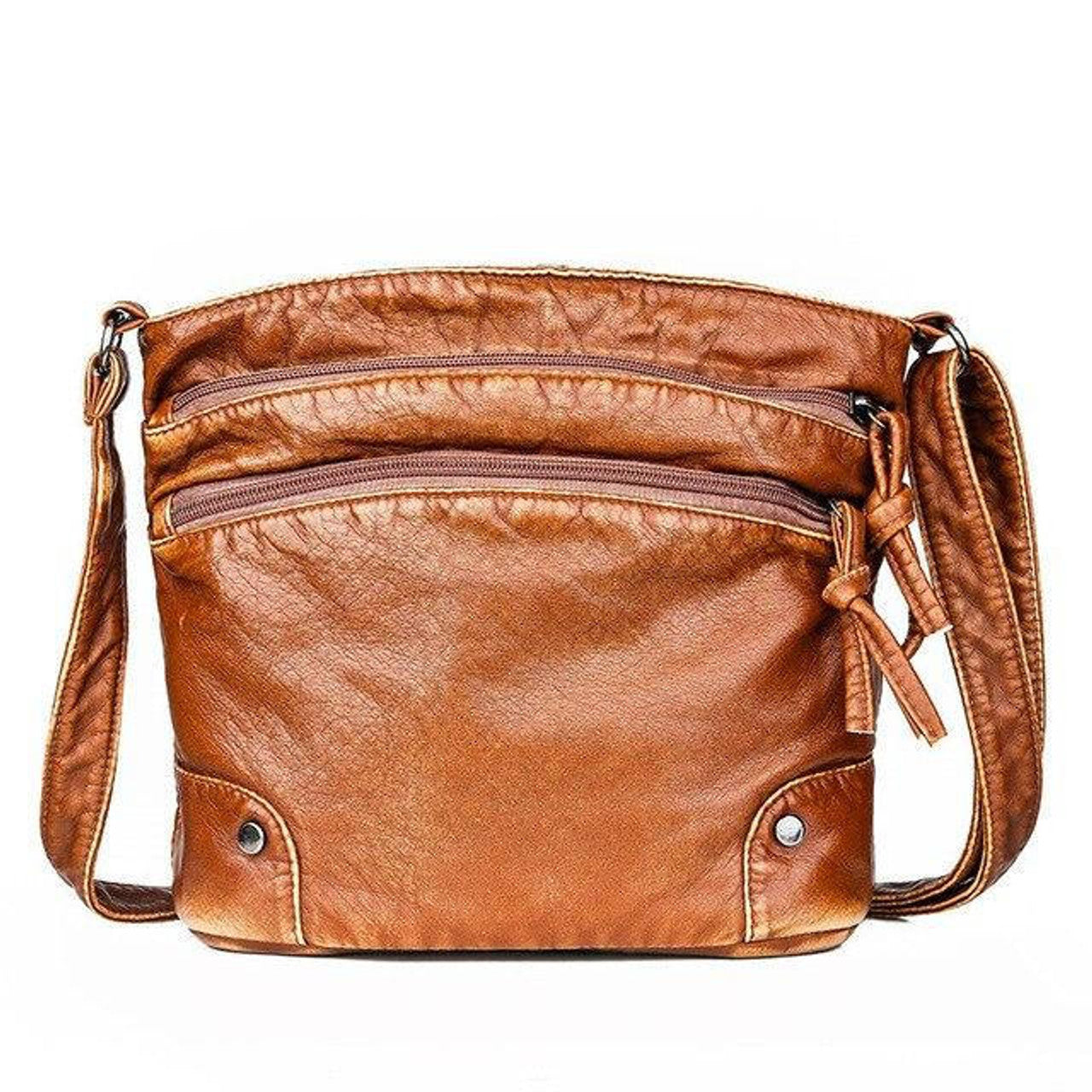 Borsa a tracolla in pelle marrone, design elegante con doppie tasche frontali con cerniera, ideale per moda donna e accessori casual.
