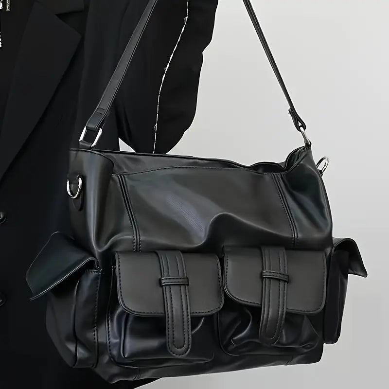 Borsa a tracolla in pelle nera con tasche frontali, design elegante e moderno, ideale per moda urbana e look casual. Accessorio versatile e di tendenza.