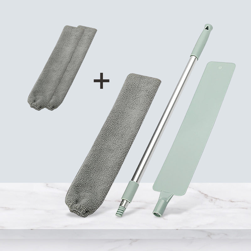 Mocio piatto in microfibra con manico estensibile e panni di ricambio, ideale per pulizia pavimenti. Accessorio domestico versatile ed efficiente.