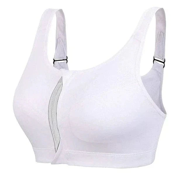 Reggiseno sportivo bianco senza cuciture, design con chiusura frontale, spalline regolabili, supporto confortevole. Ideale per attività sportive.