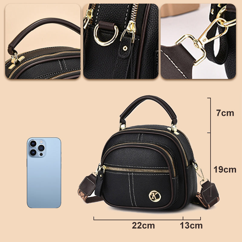Borsa a tracolla in pelle nera con dettagli dorati, dimensioni 22x13x19 cm, design elegante e compatto, ideale per smartphone e accessori.