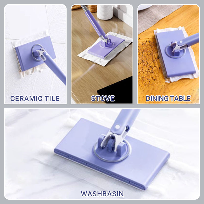 Mocio piatto multiuso viola per pulizia superfici: piastrelle, fornelli, tavolo da pranzo, lavandino. Strumento versatile per casa.