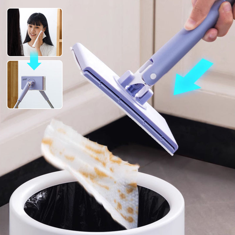 Mocio piatto con manico viola, sistema di pulizia a mani libere, panno sporco rimosso facilmente, ideale per pavimenti, bidone della spazzatura bianco.