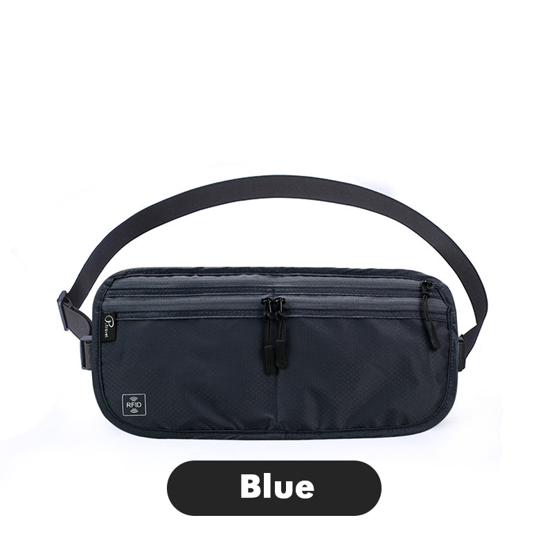 Marsupio nero con protezione RFID, tasche con zip, cintura regolabile. Accessorio da viaggio sicuro e pratico. Colore: Blu.