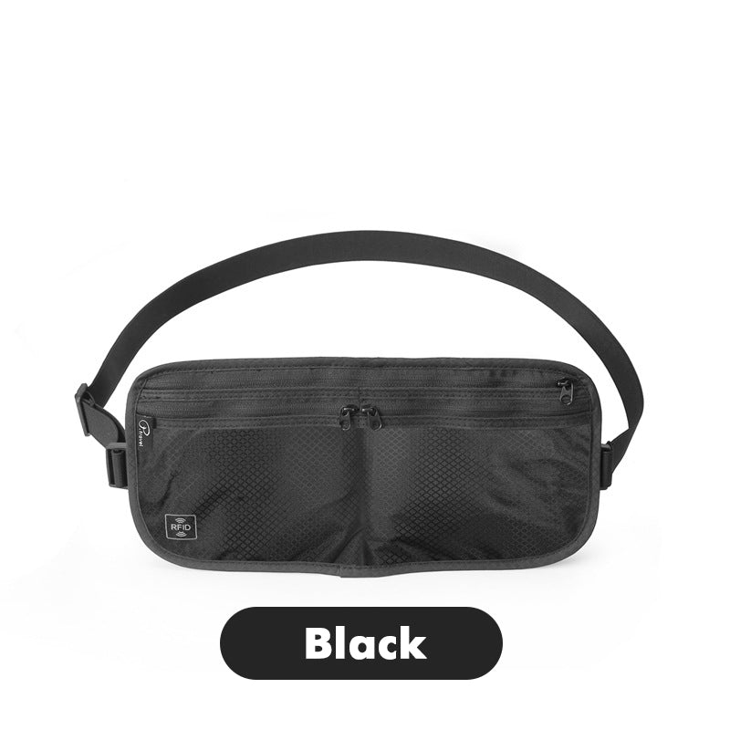 Marsupio nero con protezione RFID, doppia tasca con cerniera, cintura regolabile. Accessorio da viaggio sicuro e pratico.