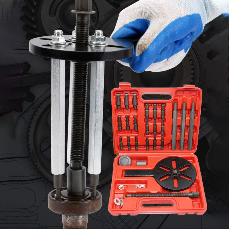Set di estrattori cuscinetti a sfera, attrezzi meccanici in valigetta rossa, guanto protettivo blu, ideale per riparazioni auto e manutenzione.