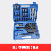 Set di attrezzi per estrattore volano in acciaio, custodia blu, include vari accessori. Ideale per meccanici e riparazioni auto.