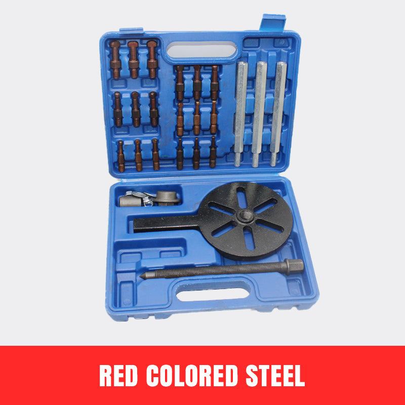 Set di attrezzi per estrattore volano in acciaio, custodia blu, include vari accessori. Ideale per meccanici e riparazioni auto.