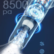 Aspirapolvere portatile potente 8500Pa, filtro HEPA, design trasparente, tecnologia ciclonica, ideale per pulizia auto e casa.