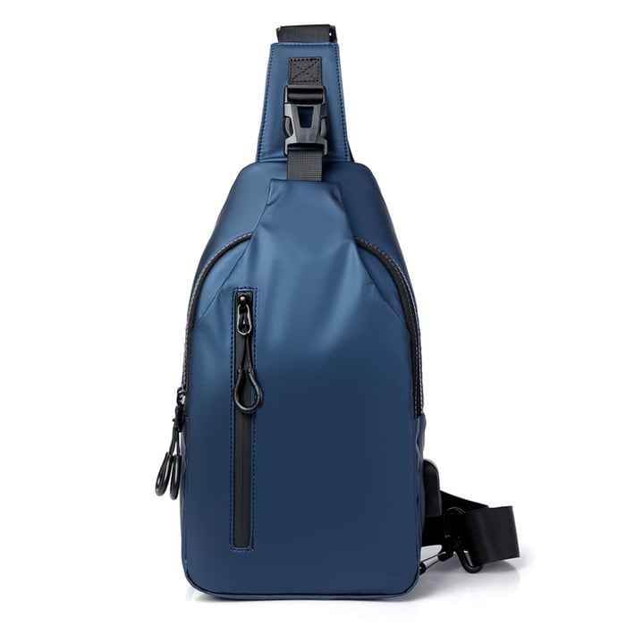 Zaino monospalla blu impermeabile, design moderno, con cerniera frontale e tracolla regolabile. Ideale per viaggi e uso quotidiano.
