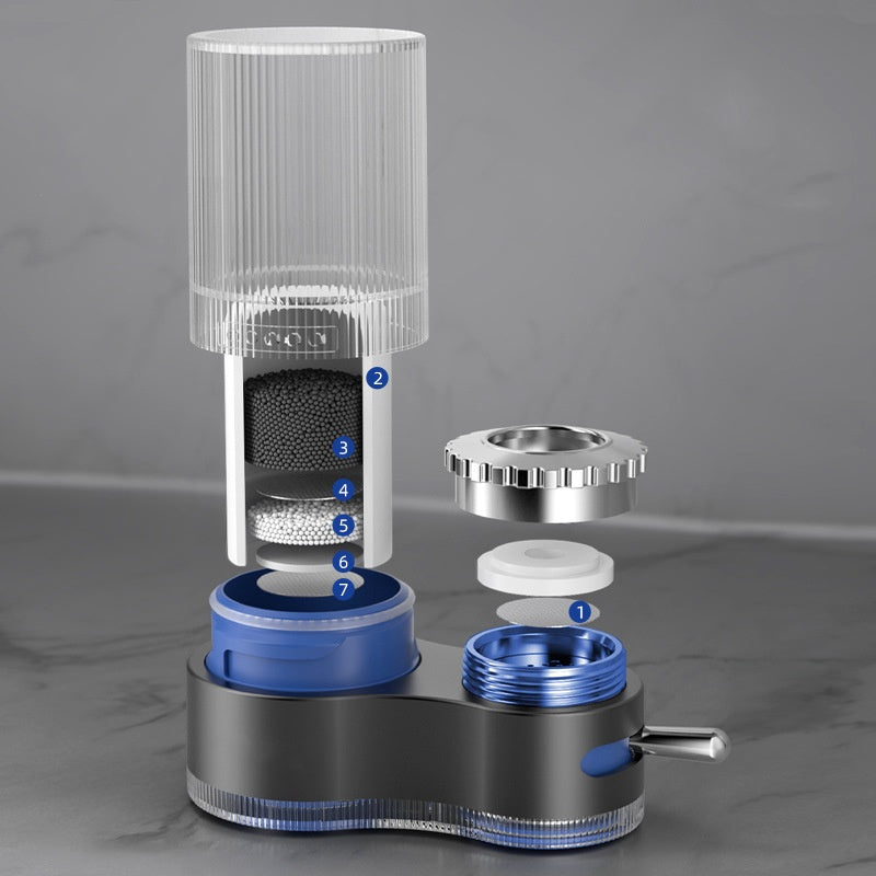 Filtro acqua rubinetto in acciaio inox, design trasparente e blu, componenti smontati, tecnologia avanzata, purificazione efficace, installazione facile.