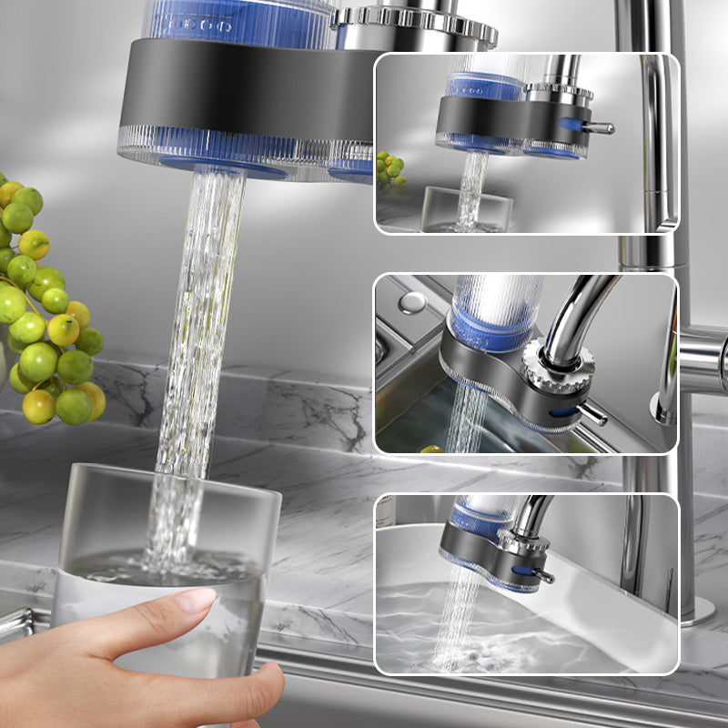 Filtro acqua rubinetto cucina, purificatore con cartuccia blu, flusso d'acqua potabile, installazione su lavello, riempimento bicchiere.