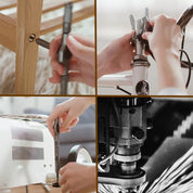 Immagine di un avvitatore elettrico in uso su mobili in legno e metallo. Strumento versatile per montaggio e riparazioni domestiche.