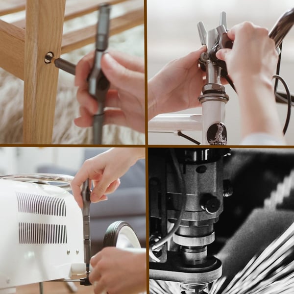 Immagine di un avvitatore elettrico in uso su mobili in legno e metallo. Strumento versatile per montaggio e riparazioni domestiche.