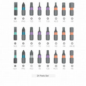 Set di 24 punte per cacciavite, include vari tipi come SL, PH, T, H, con codifica a colori per facile identificazione. Ideale per riparazioni.