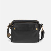 Borsa a tracolla in pelle nera con dettagli dorati, design elegante e compatto, ideale per moda donna, accessori di lusso, shopping online.