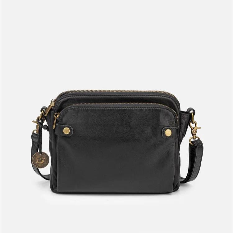 Borsa a tracolla in pelle nera con dettagli dorati, design elegante e compatto, ideale per moda donna, accessori di lusso, shopping online.