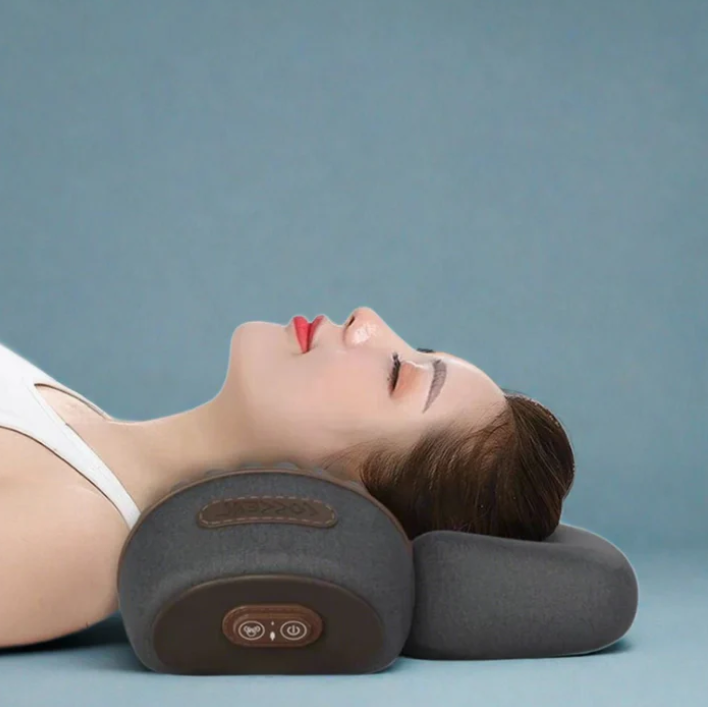 Cuscino massaggiante cervicale elettrico, donna rilassata, design ergonomico, colore grigio, ideale per sollievo dal dolore e relax quotidiano.