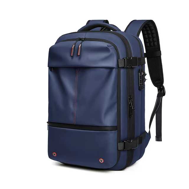 Zaino da viaggio blu impermeabile, multifunzionale con tasche multiple, design ergonomico, ideale per laptop e accessori, perfetto per lavoro e scuola.