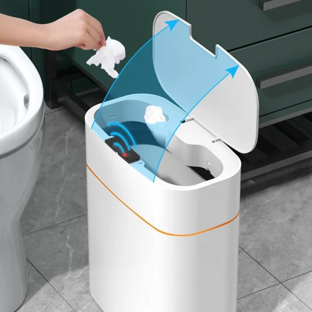 Cestino intelligente con sensore automatico, apertura touchless, design moderno, ideale per bagno o cucina, colore bianco, tecnologia avanzata.