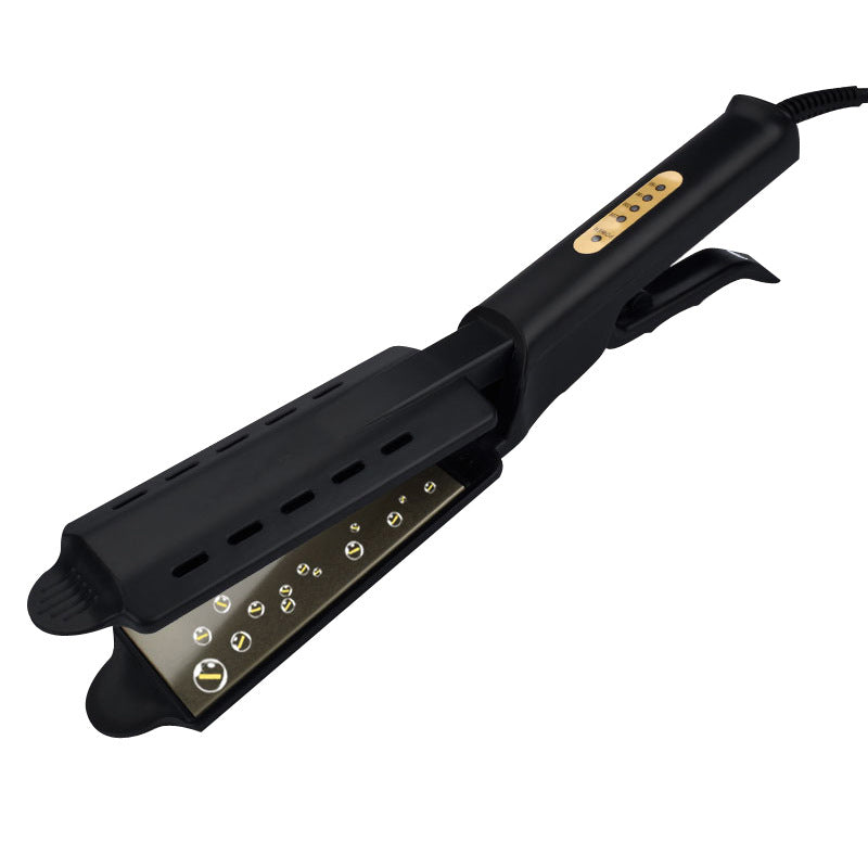 Piastra per capelli nera con rivestimento in ceramica, design a doppia piastra, manico ergonomico, ideale per styling professionale e lisciatura.