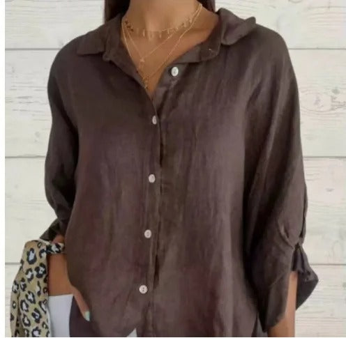  Camicia abbottonata femminile-Linenio 100%-Fit rilassato-manica lunga-collare a punta-2