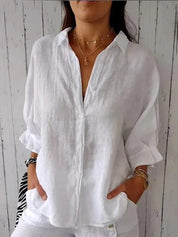  Camicia abbottonata femminile-Linenio 100%-Fit rilassato-manica lunga-collare a punta-1