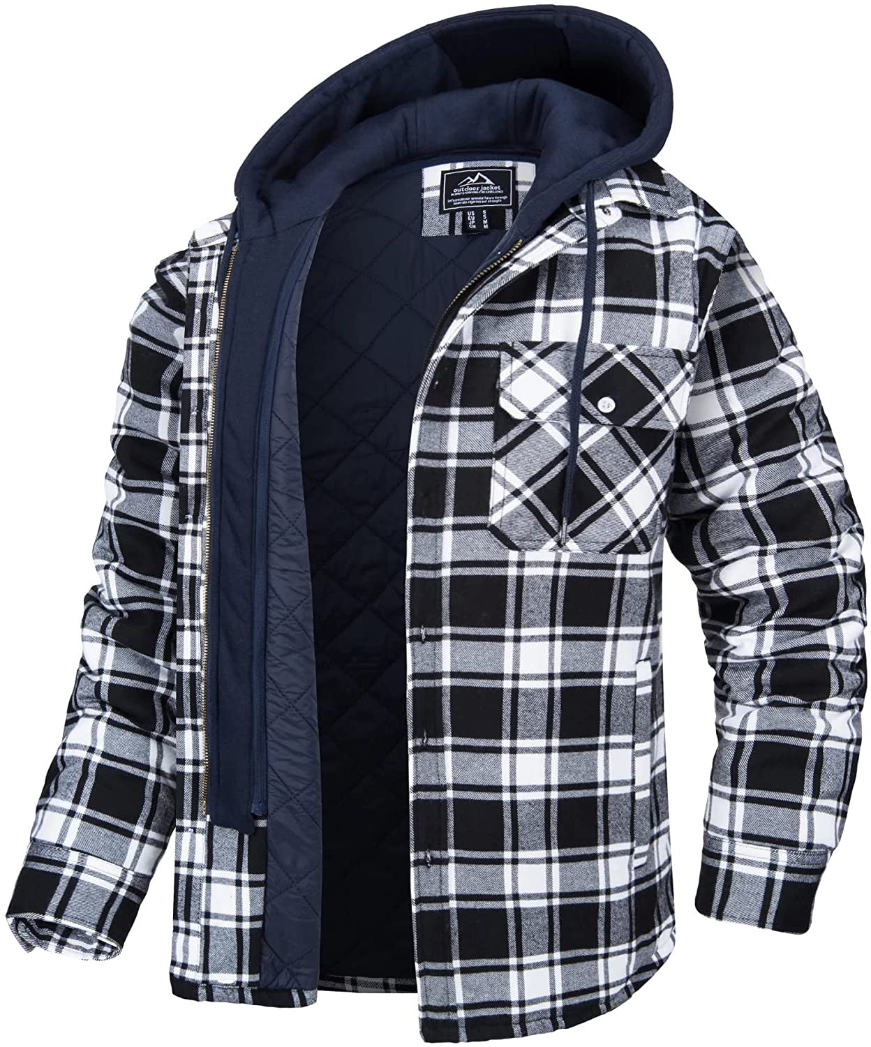 Giacca a quadri bianco e nero con cappuccio, tasca frontale, imbottitura interna, ideale per l'inverno. Stile casual, moda uomo.