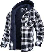 Giacca a quadri bianco e nero con cappuccio, tasca frontale, imbottitura interna, ideale per l'inverno. Stile casual, moda uomo.