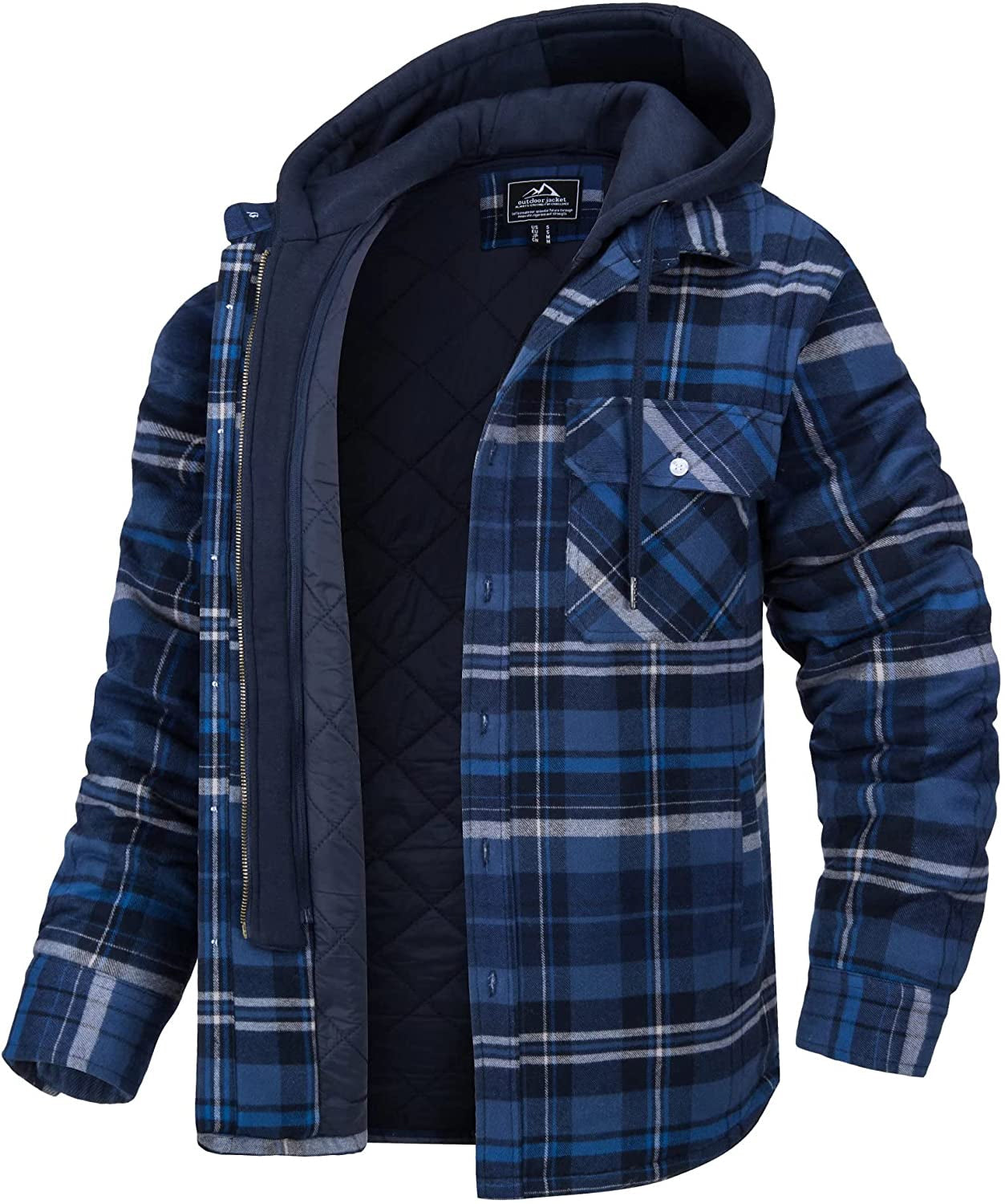 Giacca a quadri blu con cappuccio, imbottita e foderata, tasca frontale con bottone. Ideale per l'inverno, moda uomo, abbigliamento casual.