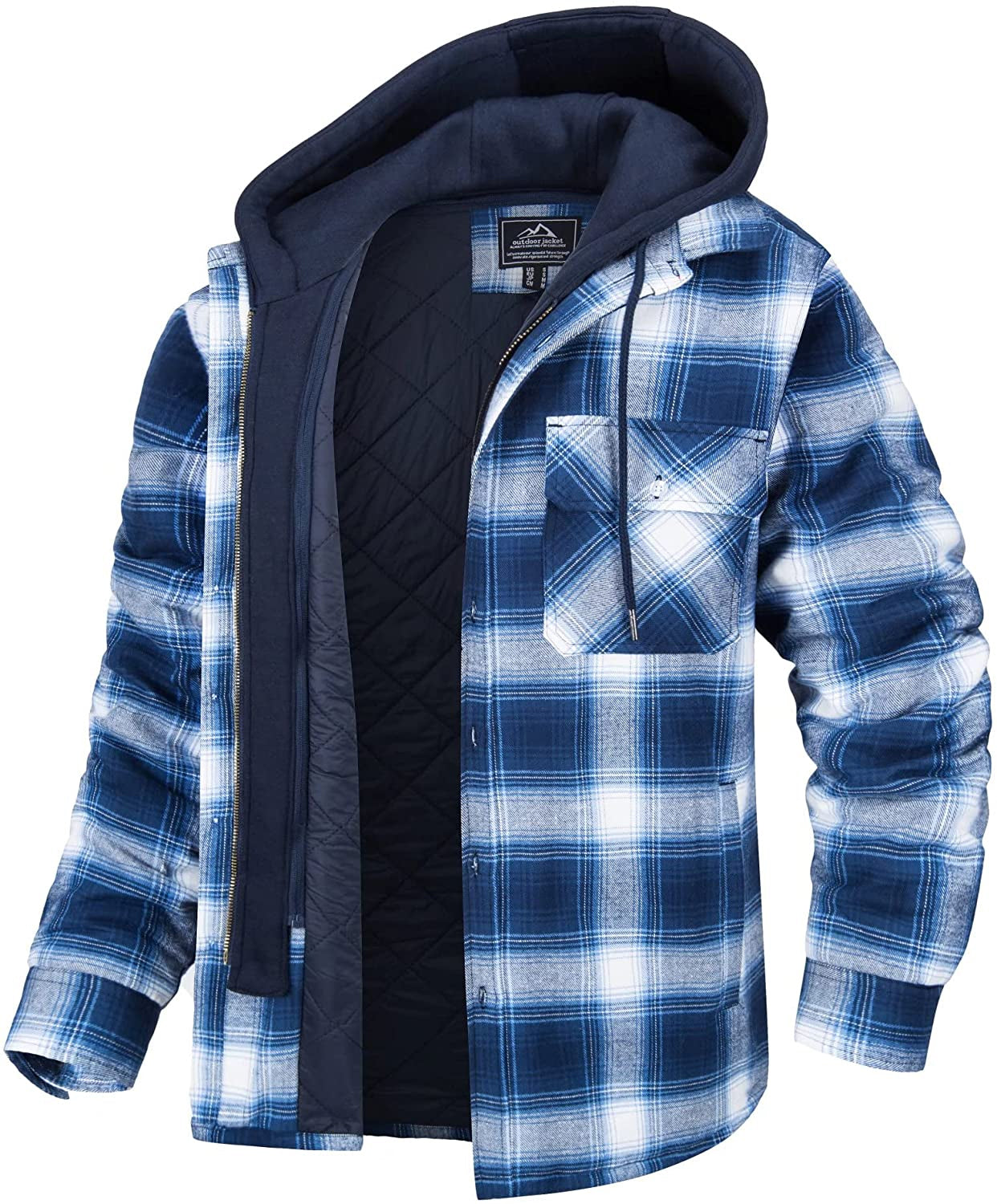 Camicia a quadri blu e bianca con cappuccio, imbottita e trapuntata, ideale per l'inverno. Tasche frontali, stile casual e caldo.