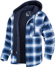 Camicia a quadri blu e bianca con cappuccio, imbottita e trapuntata, ideale per l'inverno. Tasche frontali, stile casual e caldo.