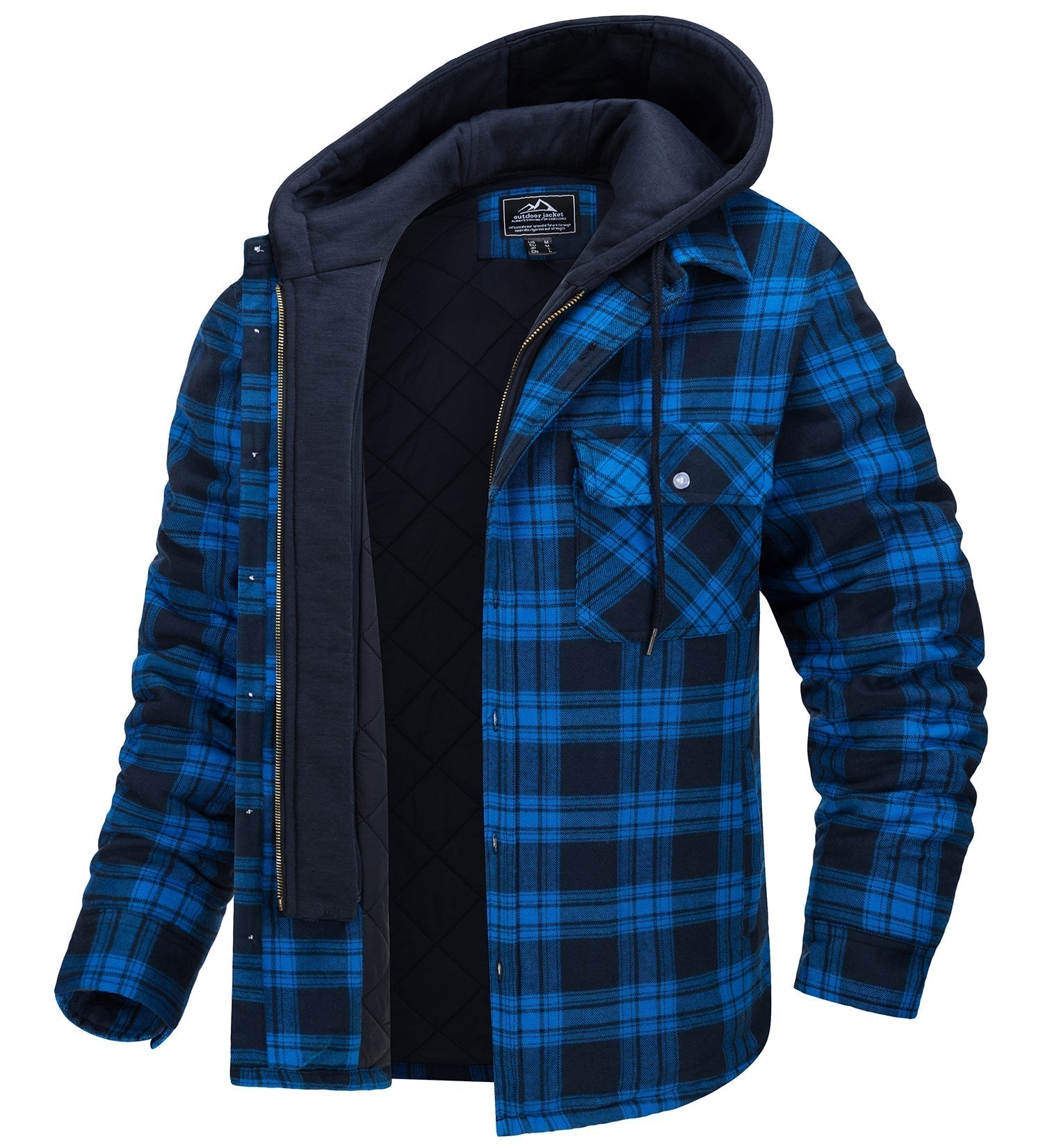 Camicia a quadri blu e nera con cappuccio, imbottita e foderata, ideale per l'inverno. Design casual e caldo, perfetto per uomo.