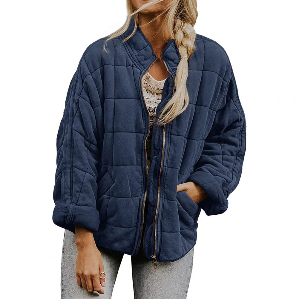 Giacca trapuntata blu donna, stile casual, zip frontale, maniche lunghe, tessuto morbido, ideale per autunno e inverno, moda femminile.