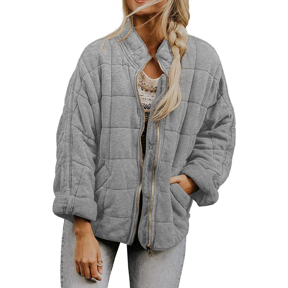 Giacca trapuntata grigia da donna, stile casual, con zip frontale e maniche lunghe, ideale per l'autunno e l'inverno.