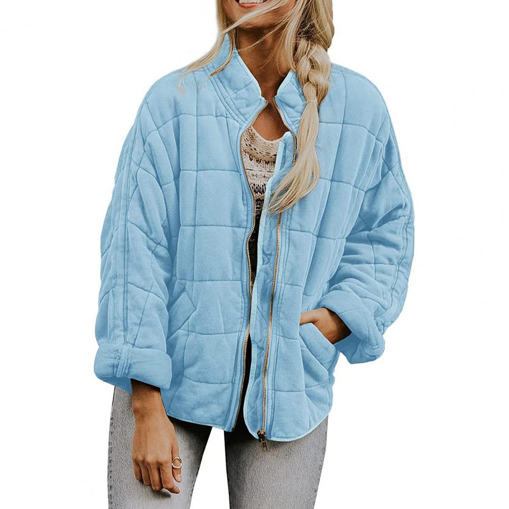 Giacca trapuntata azzurra da donna, chiusura con zip, stile casual, ideale per l'autunno. Tessuto morbido, design moderno e confortevole.
